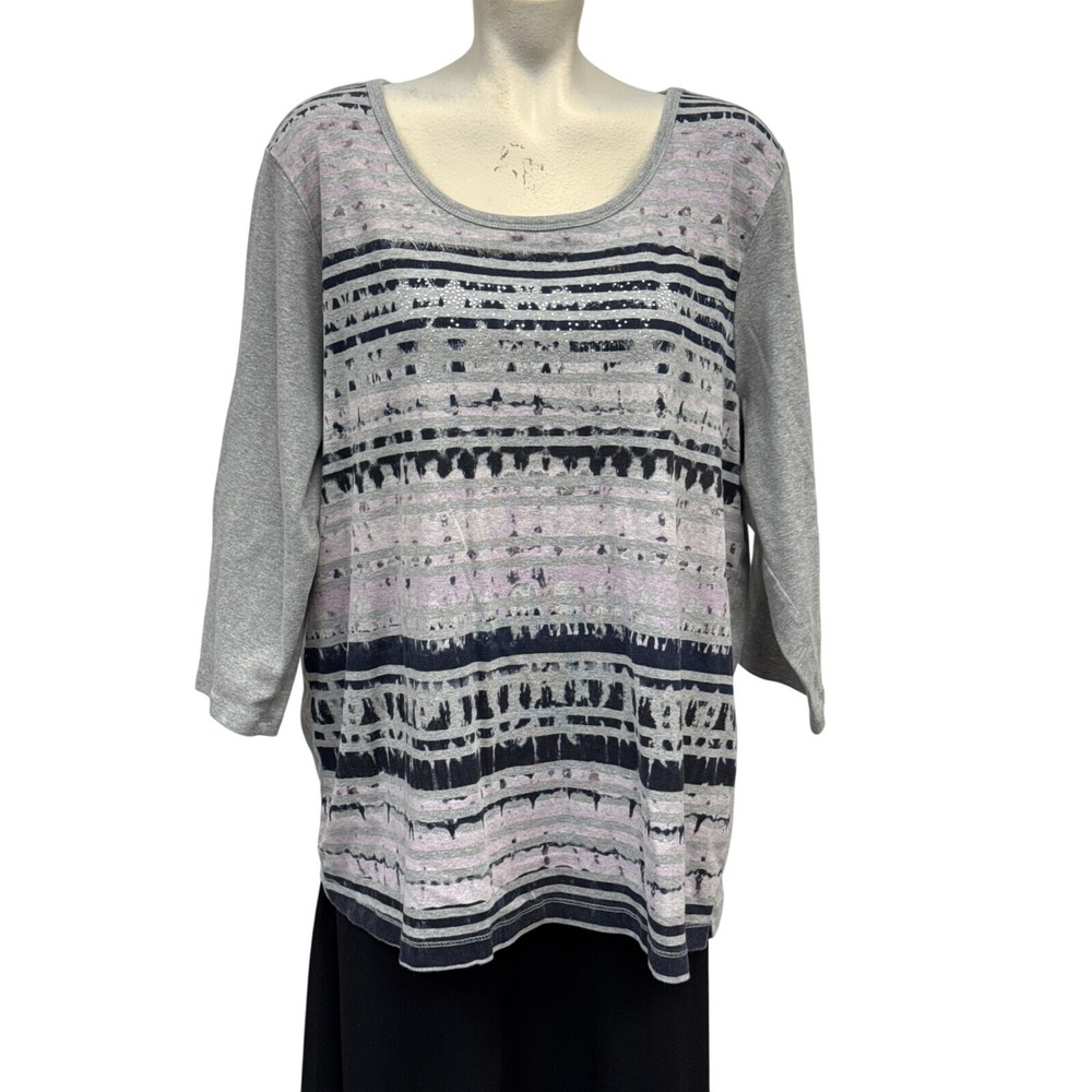 CJ‎ Banks Gray Heathered Striped 3/4 Sleeve Scoop Neck T-Shirt Top Plus Size 2X